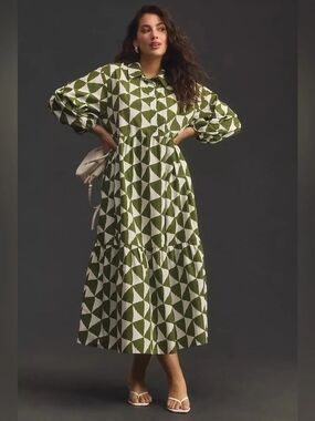 Anthropologie Olive and White Geometric Collared Bettina Maxi Dress